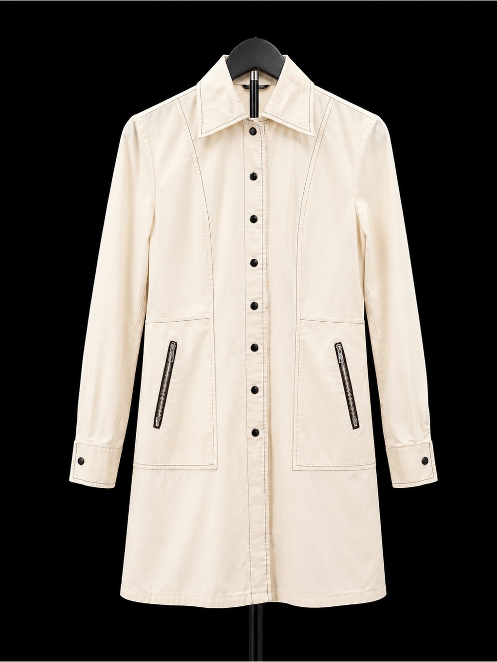 : Ivory Cream Long Utility Coat Shirt Jacket Black Snaps Zip Pockets